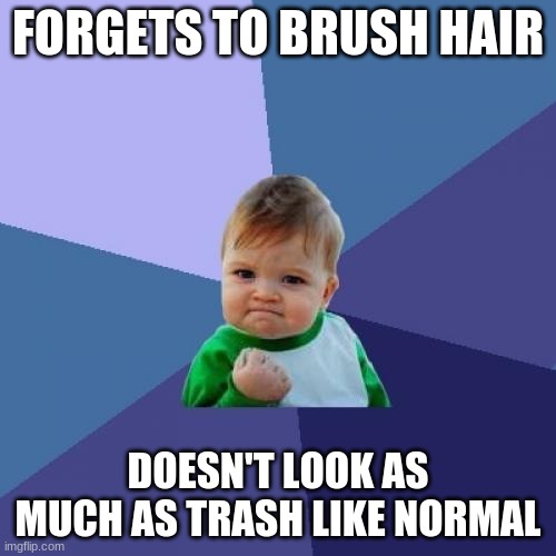 true story | FORGETS TO BRUSH HAIR; DOESN'T LOOK AS MUCH AS TRASH LIKE NORMAL | image tagged in memes,success kid | made w/ Imgflip meme maker