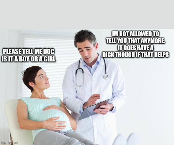 Anyone's guess really | IM NOT ALLOWED TO TELL YOU THAT ANYMORE. IT DOES HAVE A DICK THOUGH IF THAT HELPS; PLEASE TELL ME DOC IS IT A BOY OR A GIRL | image tagged in pregnant with doctor | made w/ Imgflip meme maker