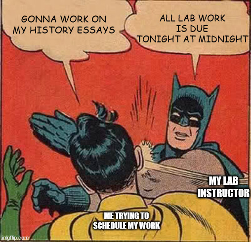 oops i forgot | ALL LAB WORK IS DUE TONIGHT AT MIDNIGHT; GONNA WORK ON MY HISTORY ESSAYS; MY LAB INSTRUCTOR; ME TRYING TO SCHEDULE MY WORK | image tagged in memes,batman slapping robin,got two lab reports a paper analysis and photos to upload,pray for me brothers | made w/ Imgflip meme maker