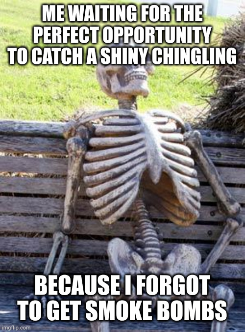 Those things are quick to flee | ME WAITING FOR THE PERFECT OPPORTUNITY TO CATCH A SHINY CHINGLING; BECAUSE I FORGOT TO GET SMOKE BOMBS | image tagged in memes,waiting skeleton | made w/ Imgflip meme maker