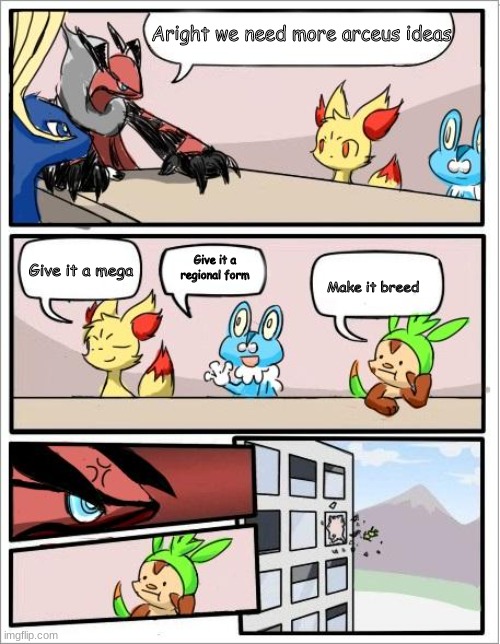 Seriously, i want Arceus to have a mega | Aright we need more arceus ideas; Give it a regional form; Give it a mega; Make it breed | image tagged in pokemon board meeting | made w/ Imgflip meme maker