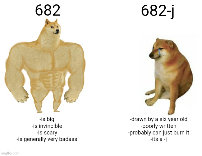 LizErD | 682; 682-j; -is big
-is invincible
-is scary
-is generally very badass; -drawn by a six year old
-poorly written
-probably can just burn it
-its a -j | image tagged in memes,buff doge vs cheems | made w/ Imgflip meme maker