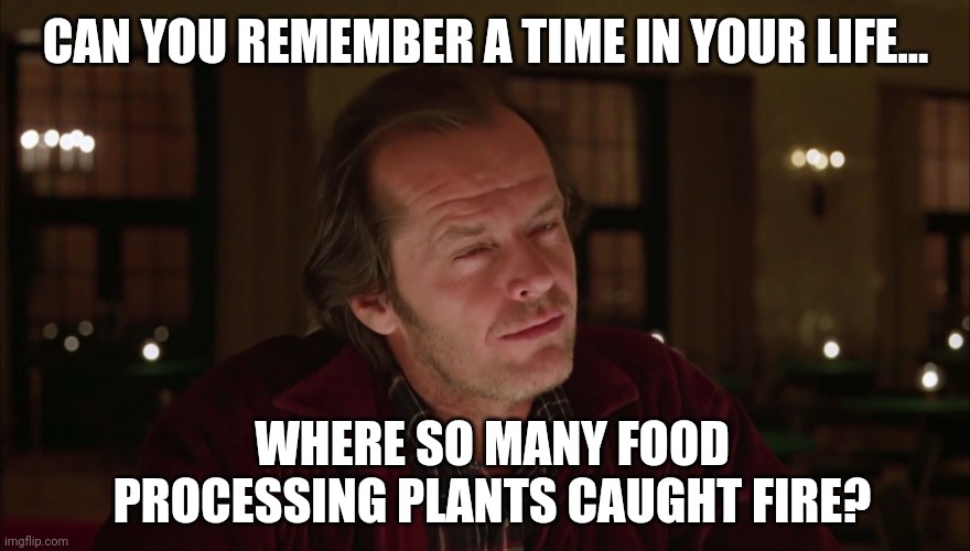 I can't remember. | CAN YOU REMEMBER A TIME IN YOUR LIFE... WHERE SO MANY FOOD PROCESSING PLANTS CAUGHT FIRE? | image tagged in memes | made w/ Imgflip meme maker