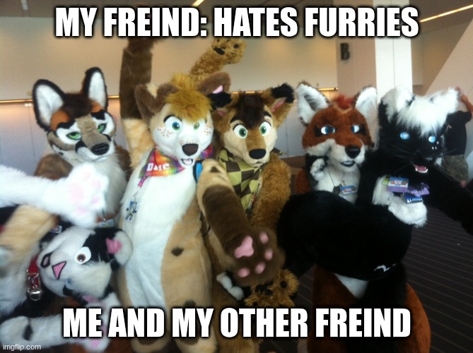Furries | MY FREIND: HATES FURRIES; ME AND MY OTHER FREIND | image tagged in furries | made w/ Imgflip meme maker