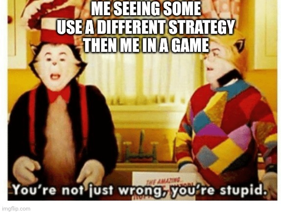 Strats | ME SEEING SOME USE A DIFFERENT STRATEGY THEN ME IN A GAME | image tagged in you're not just wrong your stupid | made w/ Imgflip meme maker