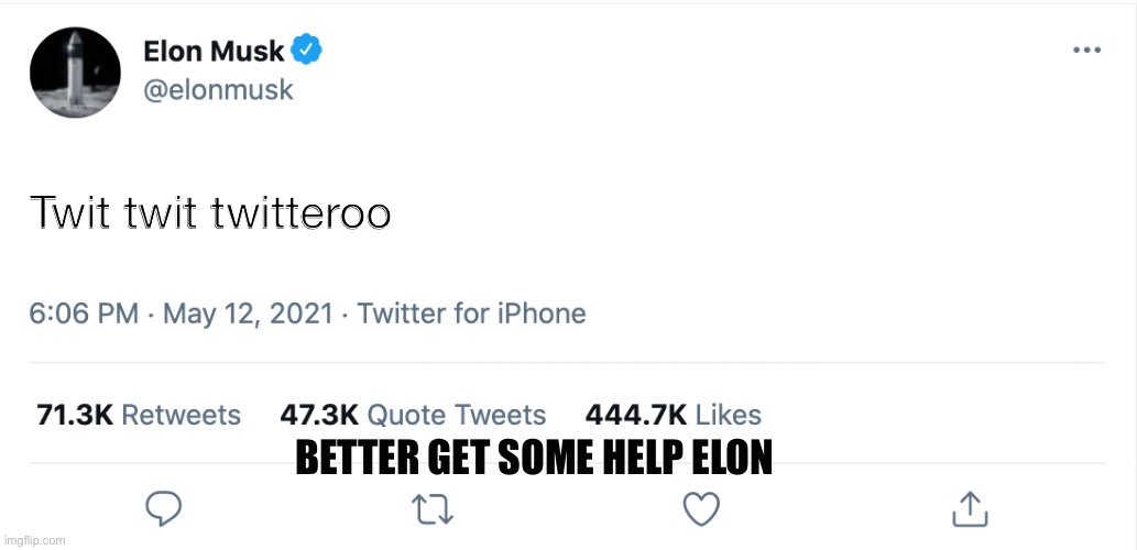Elon isn’t ok | Twit twit twitteroo; BETTER GET SOME HELP ELON | image tagged in elon musk blank tweet | made w/ Imgflip meme maker