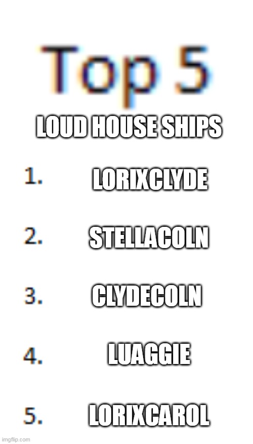 My Top 5 Loud House Ships | LOUD HOUSE SHIPS; LORIXCLYDE; STELLACOLN; CLYDECOLN; LUAGGIE; LORIXCAROL | image tagged in top 5 list,top 5,loud house,the loud house,ship,ships | made w/ Imgflip meme maker