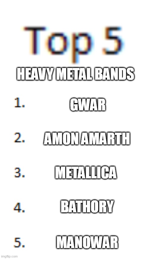 My Top 5 Heavy Metal Bands | HEAVY METAL BANDS; GWAR; AMON AMARTH; METALLICA; BATHORY; MANOWAR | image tagged in top 5 list,top 5,list,heavy metal,heavy metal band,heavy metal bands | made w/ Imgflip meme maker