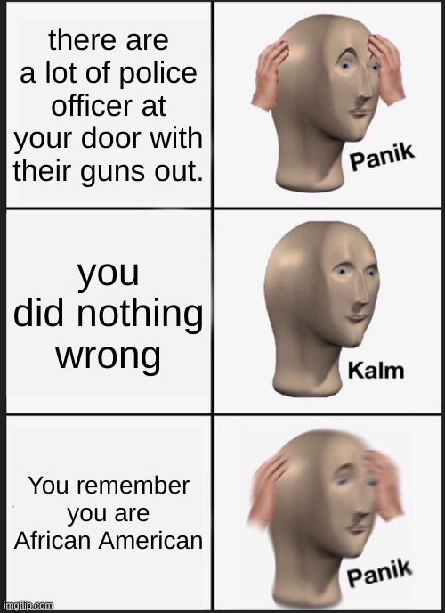 police ababow | there are a lot of police officer at your door with their guns out. you did nothing wrong; You remember you are African American | image tagged in memes,panik kalm panik | made w/ Imgflip meme maker