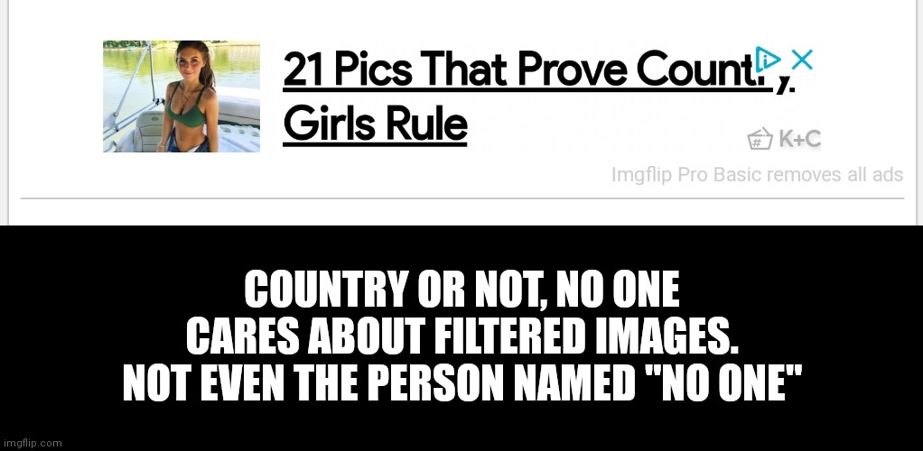 COUNTRY OR NOT, NO ONE CARES ABOUT FILTERED IMAGES. NOT EVEN THE PERSON NAMED "NO ONE" | made w/ Imgflip meme maker