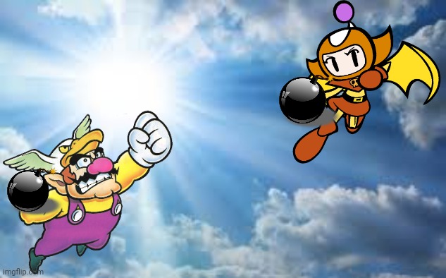 Wario fights Cyclone Bomber and dies.mp3 | image tagged in sunshine sky,wario dies,wario,bomberman,bomb,sky | made w/ Imgflip meme maker