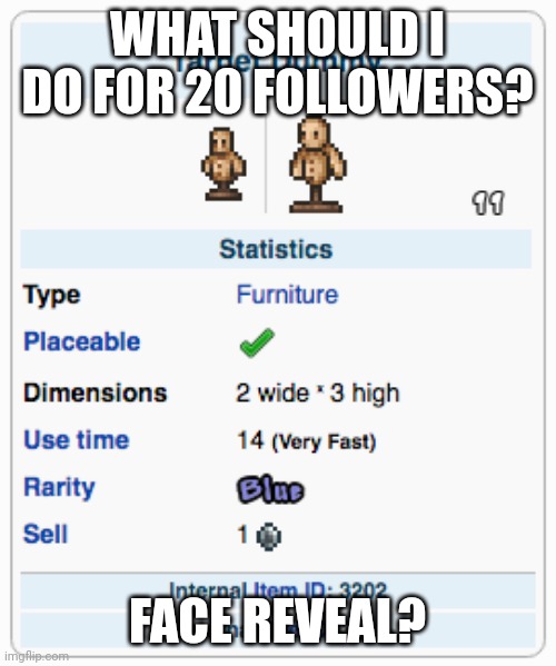 Terraria Training Dummy | WHAT SHOULD I DO FOR 20 FOLLOWERS? FACE REVEAL? | image tagged in terraria training dummy | made w/ Imgflip meme maker