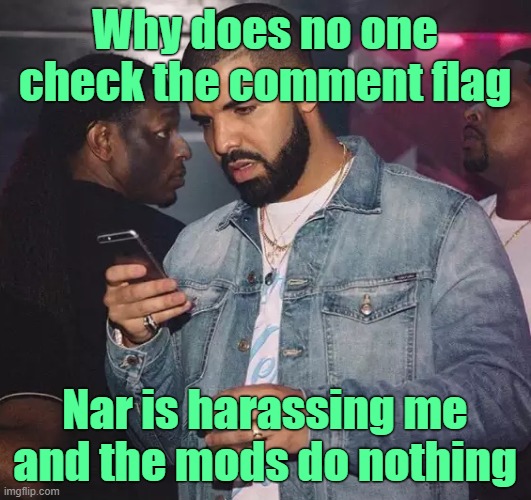 . | Why does no one check the comment flag; Nar is harassing me and the mods do nothing | image tagged in drake looking at phone upset | made w/ Imgflip meme maker