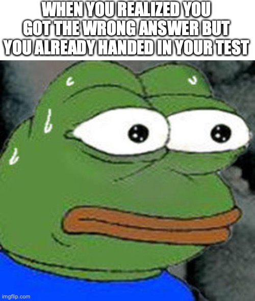 bro id die | WHEN YOU REALIZED YOU GOT THE WRONG ANSWER BUT YOU ALREADY HANDED IN YOUR TEST | image tagged in sweat pepe,funny,memes,fun,test,school | made w/ Imgflip meme maker