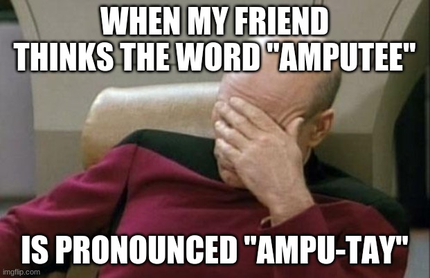 C'est able-eest! | WHEN MY FRIEND THINKS THE WORD "AMPUTEE"; IS PRONOUNCED "AMPU-TAY" | image tagged in memes,captain picard facepalm,amputee,pronunciation,words,not a true story | made w/ Imgflip meme maker