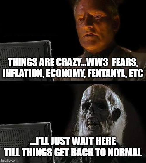 Should be soon | THINGS ARE CRAZY...WW3  FEARS, INFLATION, ECONOMY, FENTANYL, ETC; ...I'LL JUST WAIT HERE TILL THINGS GET BACK TO NORMAL | image tagged in memes,i'll just wait here | made w/ Imgflip meme maker