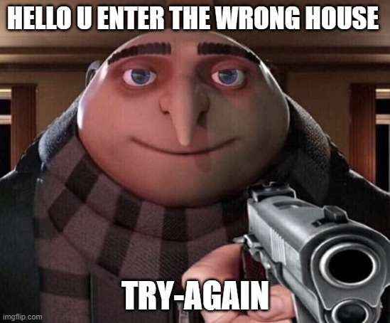 HELLO U ENTER THE WRONG HOUSE TRY-AGAIN | image tagged in gru gun | made w/ Imgflip meme maker