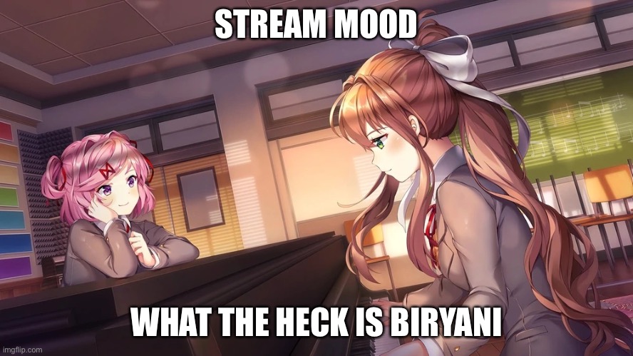 I’m Indian btw :troll: | STREAM MOOD; WHAT THE HECK IS BIRYANI | image tagged in monika and natsuki | made w/ Imgflip meme maker