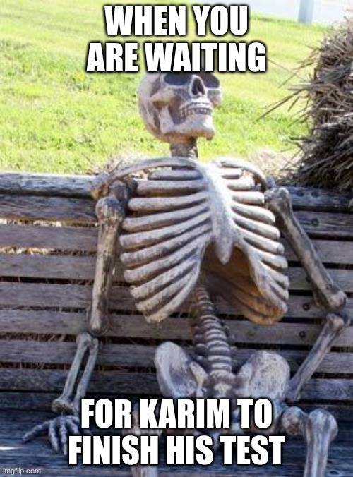 Karim | WHEN YOU ARE WAITING; FOR KARIM TO FINISH HIS TEST | image tagged in memes,waiting skeleton | made w/ Imgflip meme maker