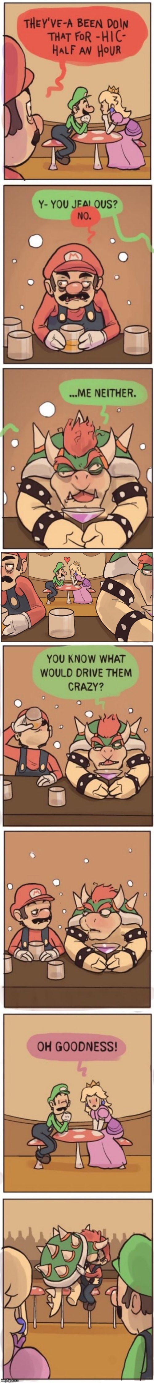 Pretty cute, But my question is WHY IS LUIGI THICCER THAN PEACH?! (By Mercworks) | image tagged in memes,funny,comics/cartoons,gay,mario,luigi | made w/ Imgflip meme maker