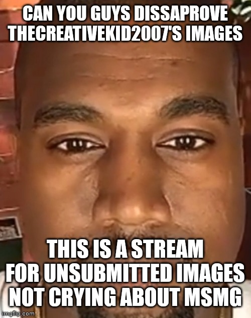 Kanye West Stare | CAN YOU GUYS DISSAPROVE THECREATIVEKID2007'S IMAGES; THIS IS A STREAM FOR UNSUBMITTED IMAGES NOT CRYING ABOUT MSMG | image tagged in kanye west stare | made w/ Imgflip meme maker