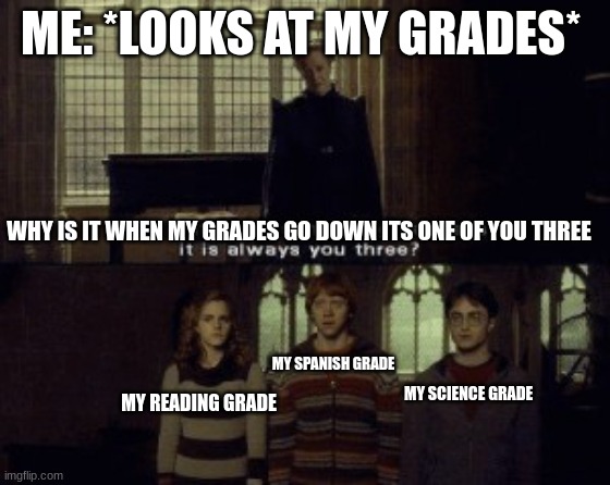 School Grades | ME: *LOOKS AT MY GRADES*; WHY IS IT WHEN MY GRADES GO DOWN ITS ONE OF YOU THREE; MY SPANISH GRADE; MY SCIENCE GRADE; MY READING GRADE | image tagged in why is it when something happens it is always you three,school meme | made w/ Imgflip meme maker