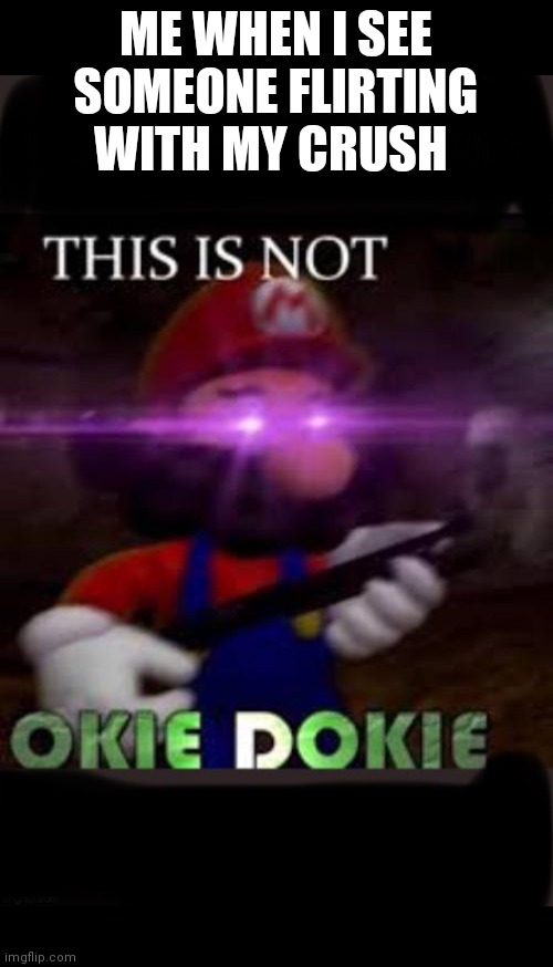 No okie dokie | ME WHEN I SEE SOMEONE FLIRTING WITH MY CRUSH | image tagged in this is not okie dokie mario | made w/ Imgflip meme maker