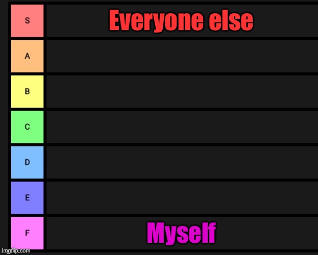 Literally every tier list | Everyone else; Myself | image tagged in tier list | made w/ Imgflip meme maker