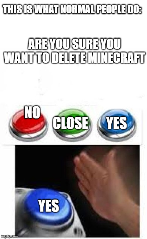 Red Green Blue Buttons | THIS IS WHAT NORMAL PEOPLE DO:; ARE YOU SURE YOU WANT TO DELETE MINECRAFT; NO; YES; CLOSE; YES | image tagged in red green blue buttons,memes,president_joe_biden,minecraft,delete | made w/ Imgflip meme maker