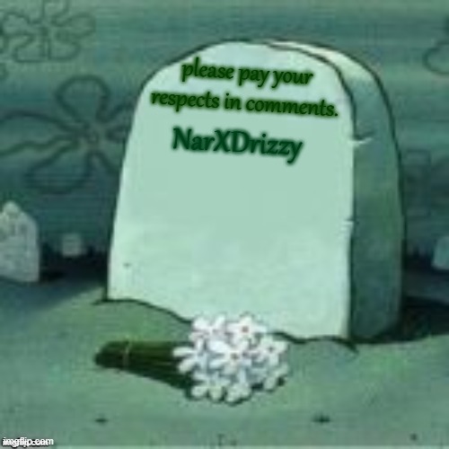 No F in the chat Nar is zad and cant cope | please pay your respects in comments. NarXDrizzy | image tagged in here lies x | made w/ Imgflip meme maker