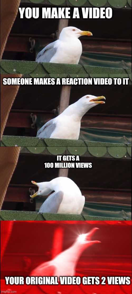 Inhaling Seagull | YOU MAKE A VIDEO; SOMEONE MAKES A REACTION VIDEO TO IT; IT GETS A 100 MILLION VIEWS; YOUR ORIGINAL VIDEO GETS 2 VIEWS | image tagged in memes,inhaling seagull | made w/ Imgflip meme maker