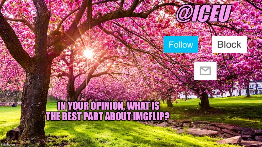 Iceu Spring Template | IN YOUR OPINION, WHAT IS THE BEST PART ABOUT IMGFLIP? | image tagged in iceu spring template | made w/ Imgflip meme maker