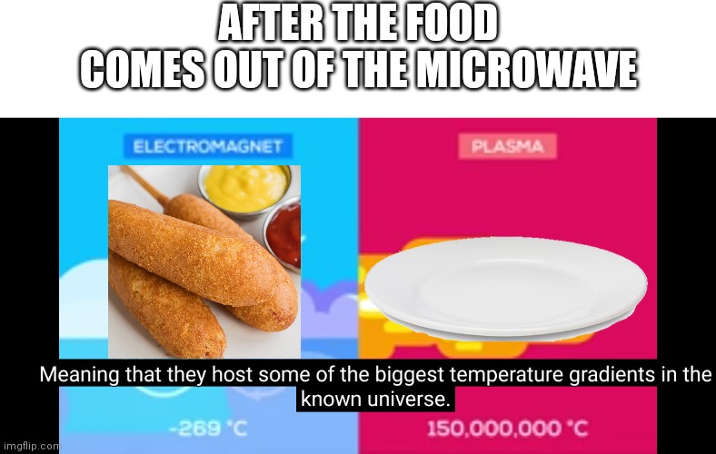 Corn dogs are now electromagnetic and plates are now plasma | AFTER THE FOOD COMES OUT OF THE MICROWAVE | image tagged in i put too much effort into this | made w/ Imgflip meme maker