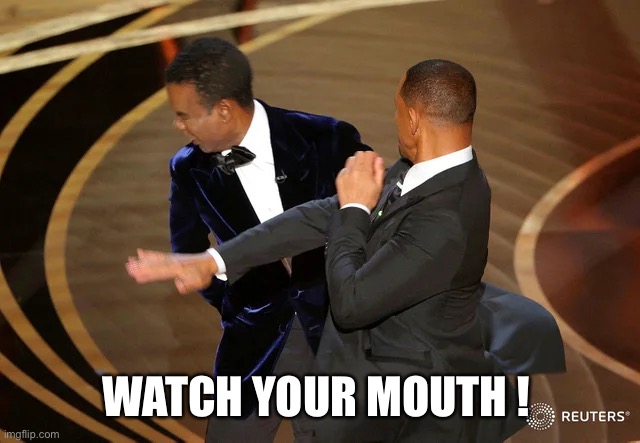 Watch your mouth | WATCH YOUR MOUTH ! | image tagged in will smith punching chris rock | made w/ Imgflip meme maker