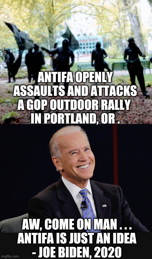 Joe and his Ideas | ANTIFA OPENLY ASSAULTS AND ATTACKS A GOP OUTDOOR RALLY 
IN PORTLAND, OR . AW, COME ON MAN . . .
ANTIFA IS JUST AN IDEA
- JOE BIDEN, 2020 | image tagged in joe biden,liberals,antifa,democrats,leftists | made w/ Imgflip meme maker