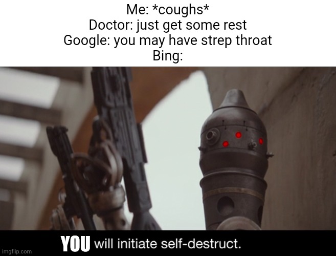 Idk when I'm going to go offline, no more gn posts for today | Me: *coughs*
Doctor: just get some rest
Google: you may have strep throat
Bing:; YOU | image tagged in i will initiate self-destruct | made w/ Imgflip meme maker