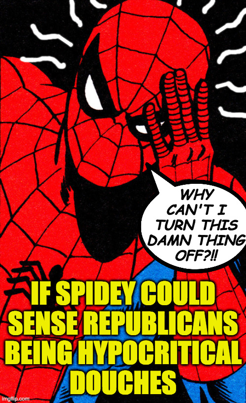 Not all Republicans, of course.  The little ones don't know any better. | WHY
CAN'T I
TURN THIS
DAMN THING
OFF?!! IF SPIDEY COULD
SENSE REPUBLICANS
BEING HYPOCRITICAL
DOUCHES | image tagged in memes,spidey sense,republican hypocrisy | made w/ Imgflip meme maker