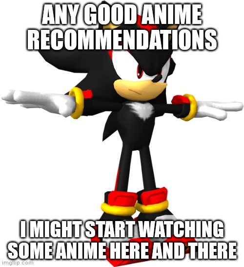 pls send some | ANY GOOD ANIME RECOMMENDATIONS; I MIGHT START WATCHING SOME ANIME HERE AND THERE | image tagged in shadow the hedgehog t pose | made w/ Imgflip meme maker