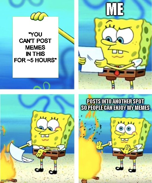 So gaming | ME; "YOU CAN'T POST MEMES IN THIS FOR ~5 HOURS"; POSTS INTO ANOTHER SPOT SO PEOPLE CAN ENJOY MY MEMES | image tagged in spongebob burning paper | made w/ Imgflip meme maker