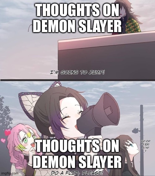 Do a flip please | THOUGHTS ON DEMON SLAYER; THOUGHTS ON DEMON SLAYER | image tagged in do a flip please | made w/ Imgflip meme maker