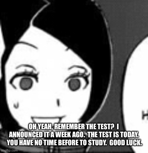The true pain | OH YEAH, REMEMBER THE TEST?  I ANNOUNCED IT A WEEK AGO.  THE TEST IS TODAY.  YOU HAVE NO TIME BEFORE TO STUDY.  GOOD LUCK. | image tagged in blank stare kitora | made w/ Imgflip meme maker