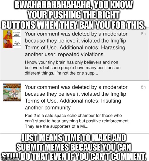 Moddaraters are biased | BWAHAHAHAHAHAHA, YOU KNOW YOUR PUSHING THE RIGHT BUTTONS WHEN THEY BAN YOU FOR THIS. JUST MEANS TIME TO MAKE AND SUBMIT MEMES BECAUSE YOU CAN STILL DO THAT EVEN IF YOU CAN’T COMMENT, | image tagged in fake mods,leftists hate free speech,snowflakes,dont say bad words,free speech is hate speech reeeee | made w/ Imgflip meme maker