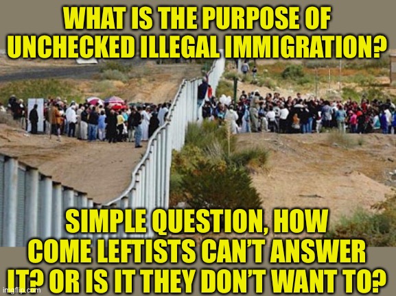 Why is it so hard to answer the question? | WHAT IS THE PURPOSE OF UNCHECKED ILLEGAL IMMIGRATION? SIMPLE QUESTION, HOW COME LEFTISTS CAN’T ANSWER IT? OR IS IT THEY DON’T WANT TO? | image tagged in border invasion,racism is the reason,demographic change is the lefts goal,what demographic do they want to change | made w/ Imgflip meme maker