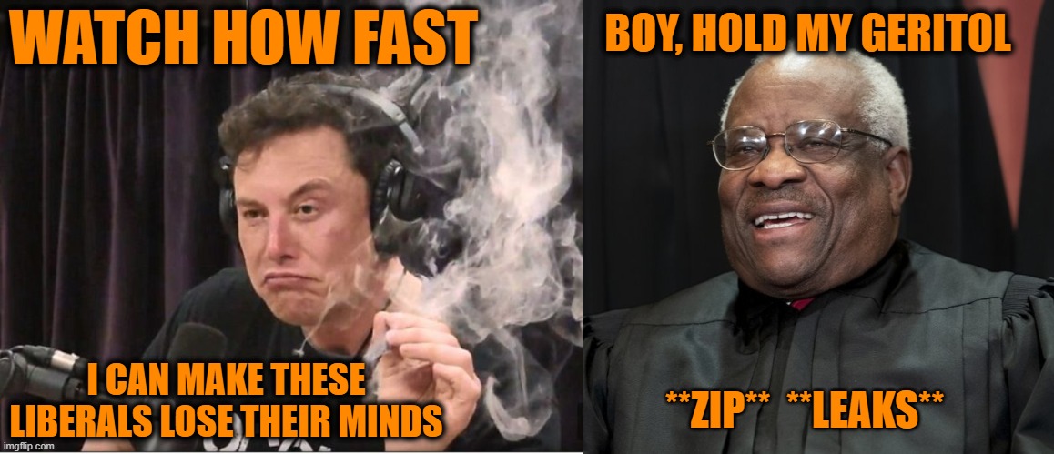 "Epic Salt: the Inbound Express" |  BOY, HOLD MY GERITOL; WATCH HOW FAST; I CAN MAKE THESE LIBERALS LOSE THEIR MINDS; **ZIP**  **LEAKS** | image tagged in elon musk smoking a joint,justice clarence thomas,politics,abortion | made w/ Imgflip meme maker
