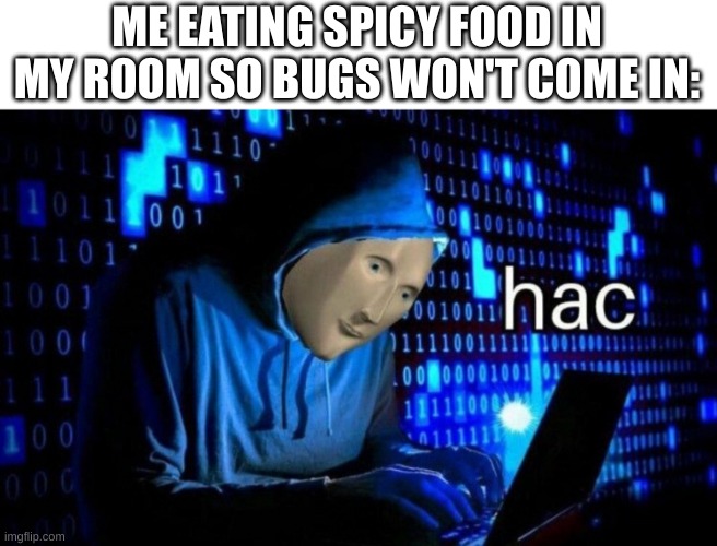 ye | ME EATING SPICY FOOD IN MY ROOM SO BUGS WON'T COME IN: | image tagged in hac | made w/ Imgflip meme maker
