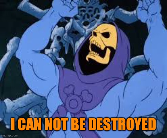 Evil Laugh Skeletor | I CAN NOT BE DESTROYED | image tagged in evil laugh skeletor | made w/ Imgflip meme maker