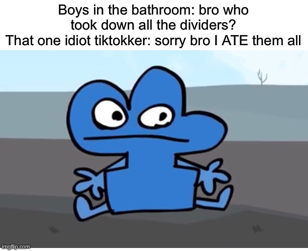 Boys in the bathroom: bro who took down all the dividers?
That one idiot tiktokker: sorry bro I ATE them all | made w/ Imgflip meme maker