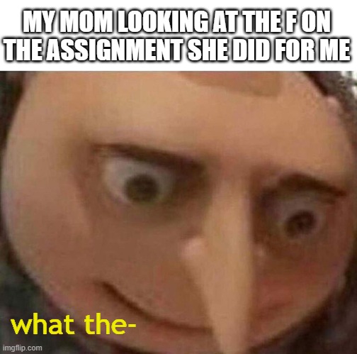 my mom got an F on my assignment...? | MY MOM LOOKING AT THE F ON THE ASSIGNMENT SHE DID FOR ME; what the- | image tagged in gru meme,memes,funny memes,bruh moment,fail,mom | made w/ Imgflip meme maker