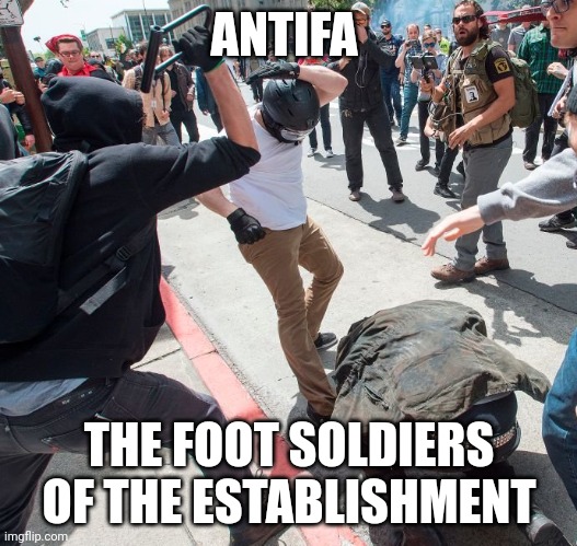 Antifa violence | ANTIFA; THE FOOT SOLDIERS OF THE ESTABLISHMENT | image tagged in antifa violence | made w/ Imgflip meme maker