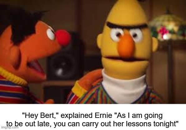 Bert and Ernie  | "Hey Bert," explained Ernie "As I am going to be out late, you can carry out her lessons tonight" | image tagged in bert and ernie | made w/ Imgflip meme maker